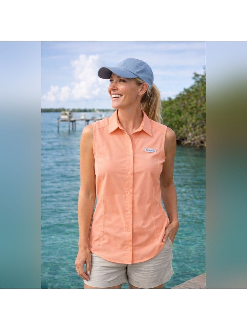 Columbia PFG Tamiami Sleeveless Button-Up Shirt Women’s Large UPF 40 Peach